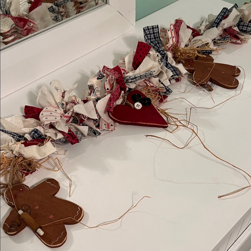 Rustic Fabric Garland with Hand painted wooden Heart and Gingerbread Accents
